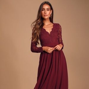 Lulu’s Awaken My Love Burgundy Long Sleeve Lace Maxi Dress - Small